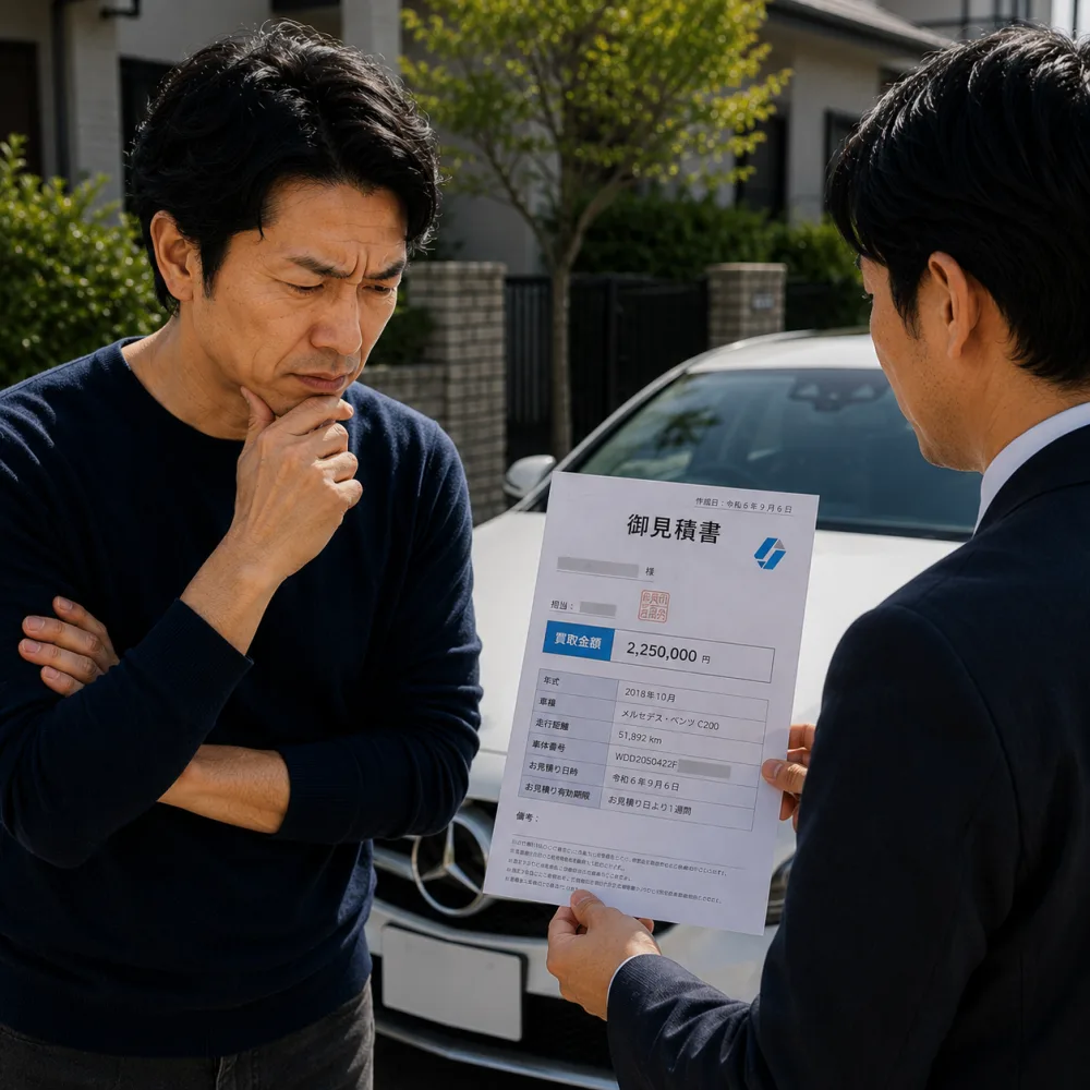 他社の査定額を見て考え込むオーナー